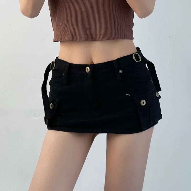 xsrrr Denim Cargo Mini Skirt Women Korean Style Low Waist Slim Sexy Vintage Streetwear Green Jean Skirt Y2k Girl Summer