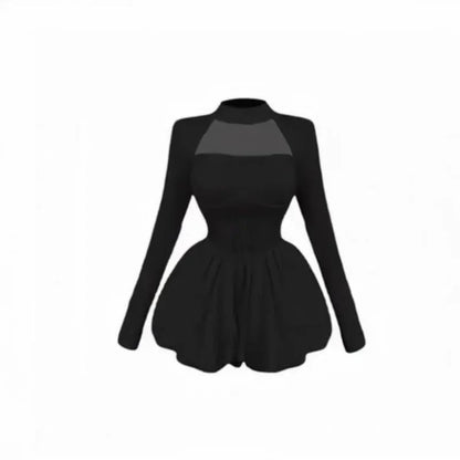 xsrrr DRESS TO IMPRESS Turtleneck Mesh Patchwork Hollow Out Mini Dress Women Sexy Slim Long Sleeve Solid Winter Fashion Chic Party Dresses Ball Gown