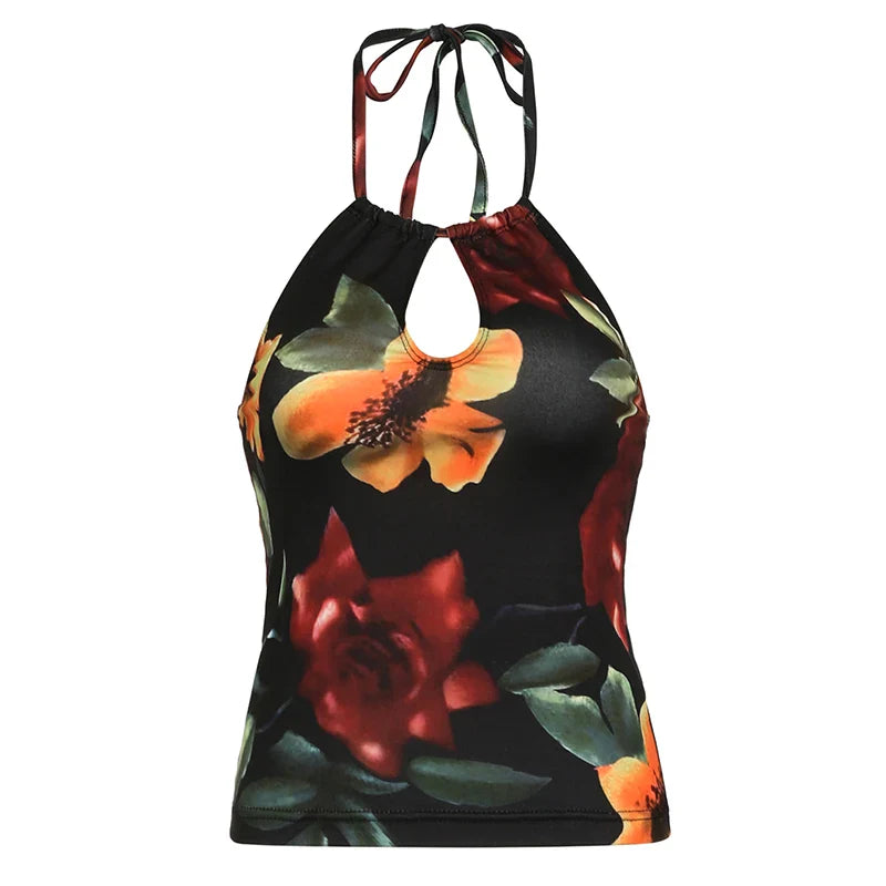 xsrrr Retro Floral Print Camis Vintage 2000s Drawstring Hollow Out Halter Crop Tops Women Sexy Streetwear Y2k Tees Summer Lady