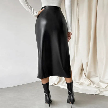 xsrrr Black Leather Skirts Women Fashion High Waist PU Long Skirt Splits Streetwear Autumn Female Elegant Solid Office Casual