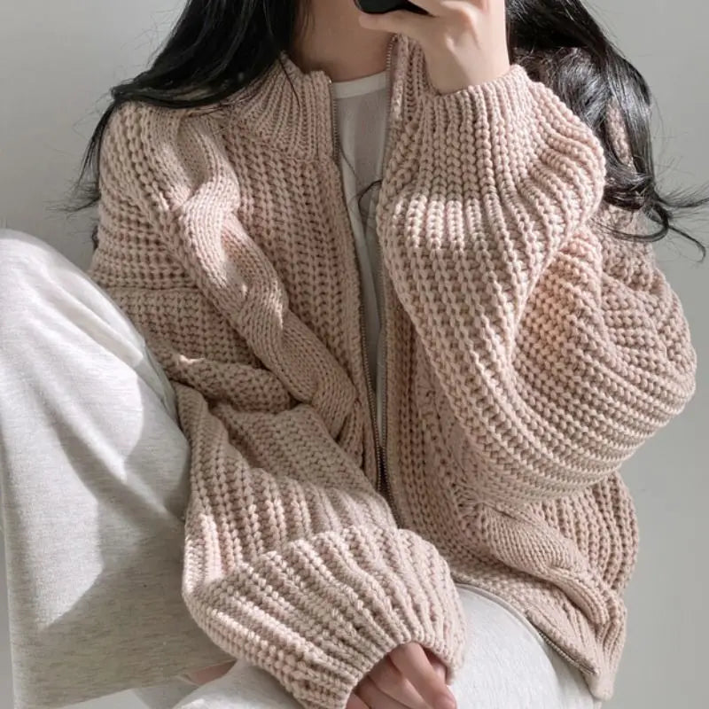 Hnewly FALL OUTFITS Chic Zipper Up Knitted Cardigan Women Autumn Winter Solid Color Twisted Sweater Woman Wild Long Sleeve Jumper Coats Mujer