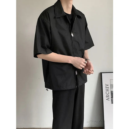 Summer Short Sleeved Shirt Men Fashion Oversized Zip Shirt Men Korean Loose Black White Dres Shirts Mens Ice Silk Shirt M-2XL