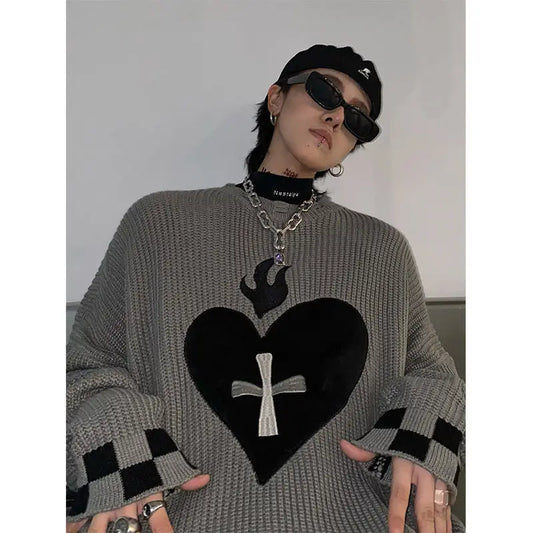 Sweater With Hearts Harajuku Fashion Men's Clothes Winter Trend Women's Print Oversize Korean Knit Hip Hop Clothing Sweaters