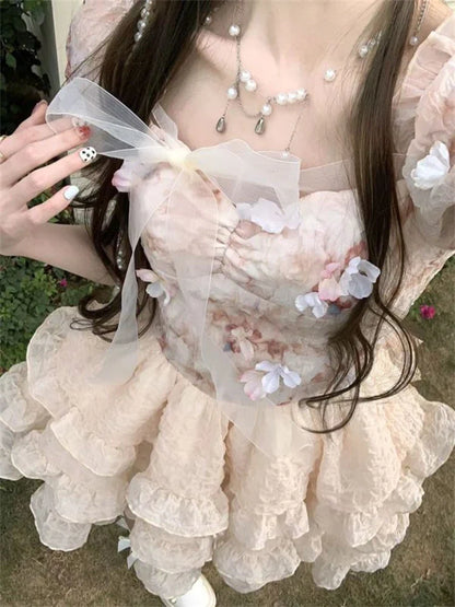 xsrrr Summer Party Mini Dress Women New Flower Bow Lolita Sweet Dress Female Korean High Waist Short Sleeves Cake Fairy Dress 2024