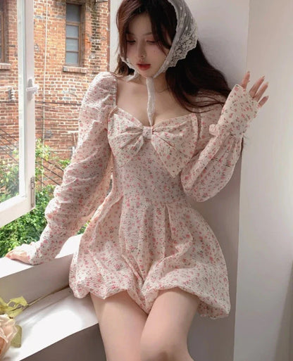 xsrrr Japanese Sweet Floral Lolita Dress Women Bow Chic Elegant Beach Party Dresses Ladies Y2k Pink Kawaii Summer One-piece Dress