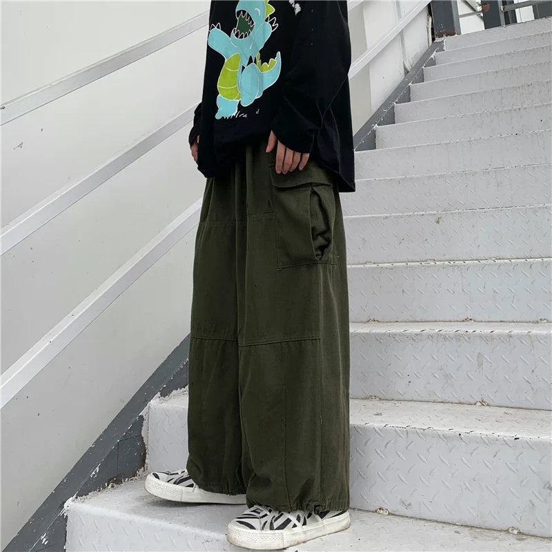 Khaki Cargo Pants Men Elastic Waist Baggy Trousers Fashion Overalls Oversized Bottoms Summer Vintage Male Y2K Clothes Streetwear