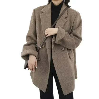 xsrrr WINTER OUTFITS Women Wool Blend Coat Solid Mid Long Woolen Blazer Thick Warm Blouse Women's Overcoat Office Lady Tops Autumn Winter