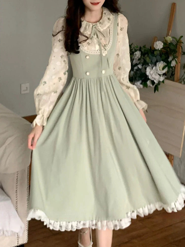 xsrrr DRESS TO IMPRESS Green Elegant Vintage Strap Dress Women Spring Lace Evening Party Midi Dresses Ladies Retro Korean Sweet Kawaii Fairy Dress