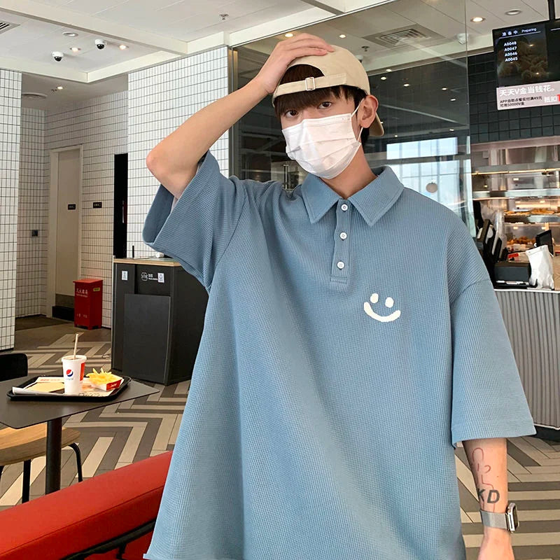 Smiley POLO Shirt Oversize Loose Casual All-match Tops Fashion Short-sleeved T-shirt Summer Sports Lapel Men's Clothes Thin