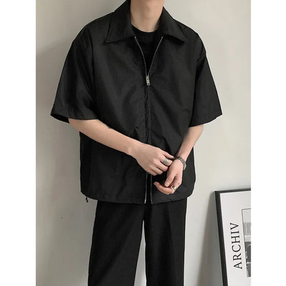 Summer Short Sleeved Shirt Men Fashion Oversized Zip Shirt Men Korean Loose Black White Dres Shirts Mens Ice Silk Shirt M-2XL