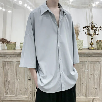 Summer Short Sleeved Shirt Men Oversized Fashion Society Mens Dress Shirt Korean Loose Ice Silk Shirt Mens Office Formal Shirts