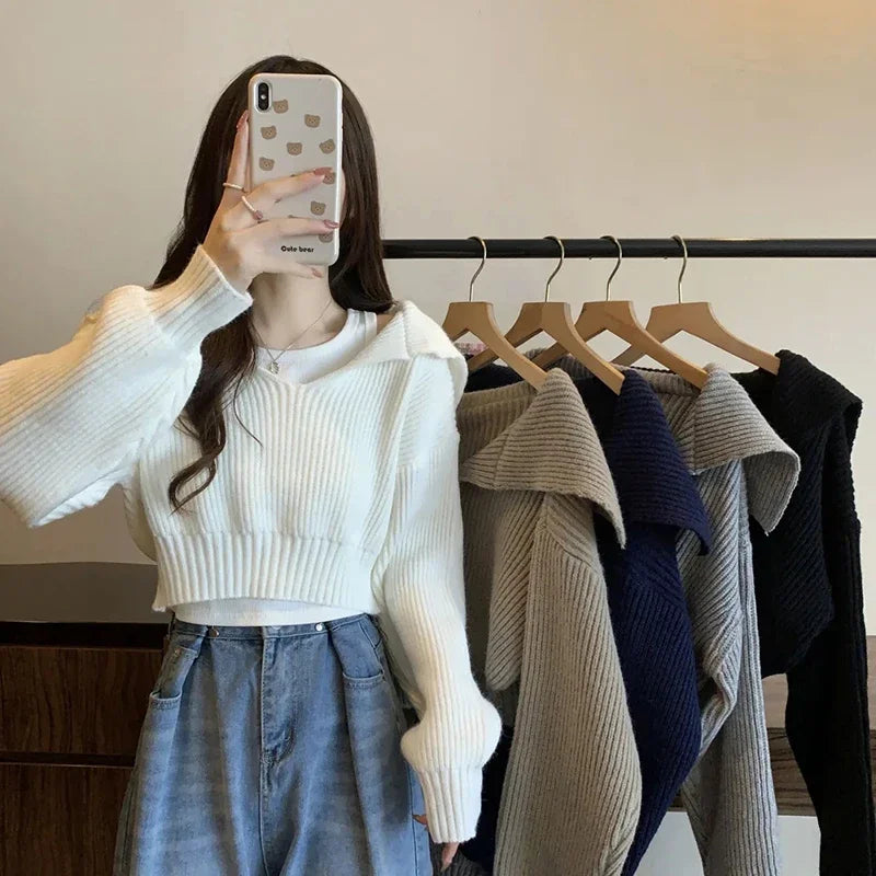 xsrrr Long Sleeve Cropped Sweater Women Autumn Winter Turn Down Collar Knitted Jumper Woman Korean Style Solid Color Jerseys