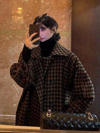 xsrrr Autumn Winter Long Loose Casual Soft Plaid Woolen Coat Women Double Breasted Stylish Chic Luxury Designer Clothes