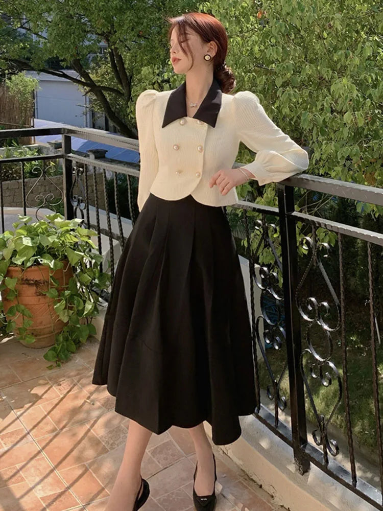 xsrrr DRESS TO IMPRESS Spring Elegant Two Piece Set Women Casual Slim Korean Coat + Black Pleated Gothic Vintage Midi Skirt Office Lady Skirt Sets