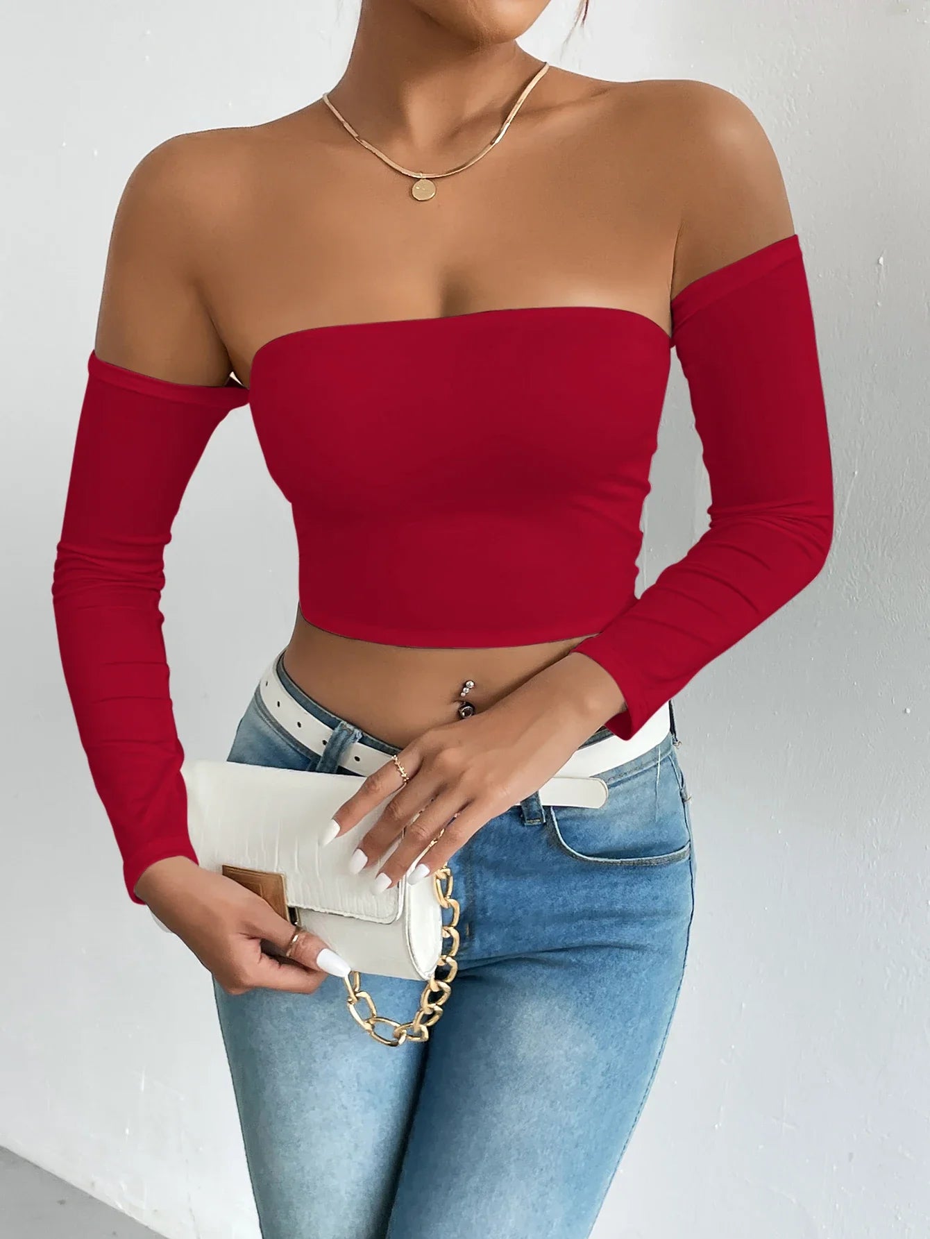 xsrrr Off Shoulder Crop T-Shirt, Casual Long Sleeve Top For Spring & Fall, Women's Clothing