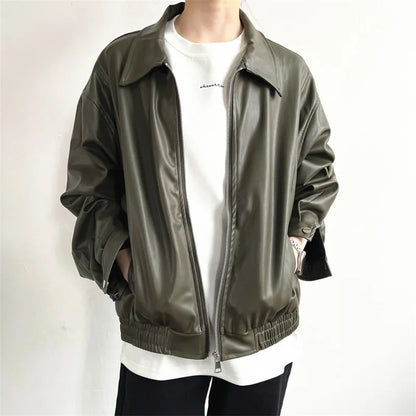 Short Leather Jacket Men Oversized Zipper Motorcycle Jackets Men Streetwear Hip-hop Loose Bomber Jacket Mens Korean Coat M-2XL