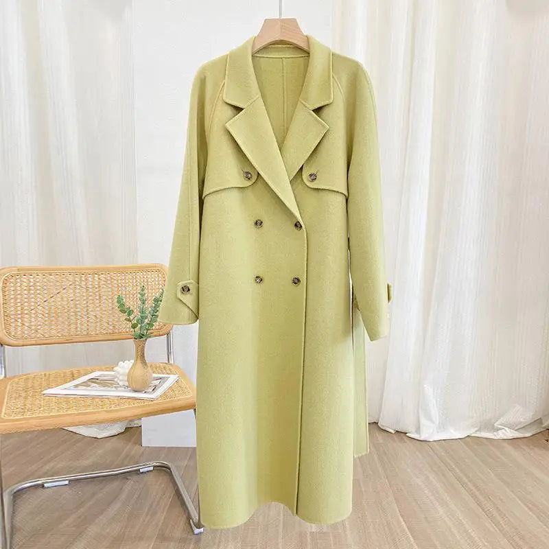 xsrrr Korean Style Fall And Winter Double Breasted Long 100% Wool Coats Women Handmade Suit Collar Loose Lace Up Woolen Jackets