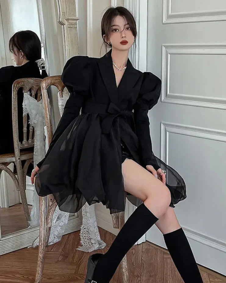 xsrrr DRESS TO IMPRESS Korean Black Mini Blazer Dress Women Elegant Vintage Chic Mesh Design Y2k Dress Winter Casual Sash Evening Party Dress One Piece