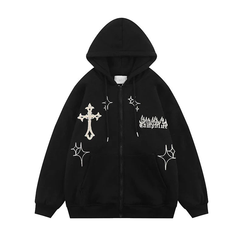 xsrrr Y2K Aesthetic Vintage Slim Sweatshirts Embroidery Graphic Pattern Zip Up Hoodies 2000s Retro Grunge Mall Goth Jacket Autumn Coat