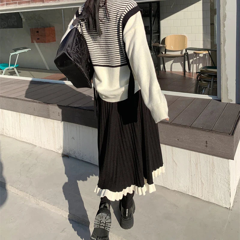 xsrrr DRESS TO IMPRESS Japanese Vintage Knitted Skirt Women Black Patchwork Party Korean Y2k Skirt Female 2021 Winter Casual High Street Gothic Clothes