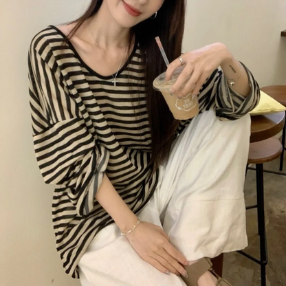 xsrrr FALL OUTFIT Harajuku Y2k Top Black Apricot Striped T-Shirt 2024 Autumn Baggy Casual Long-Sleeved Top Woman Clothes Grunge Korean Fashion