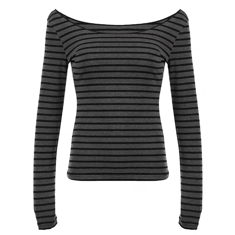 Hnewly Y2K Grunge Emo 00s Vintage T-Shirt Black Grey Striped Off Shoulder Long Sleeve Jumper Top Chic Women Autumn Retro Goth Tee Shirt