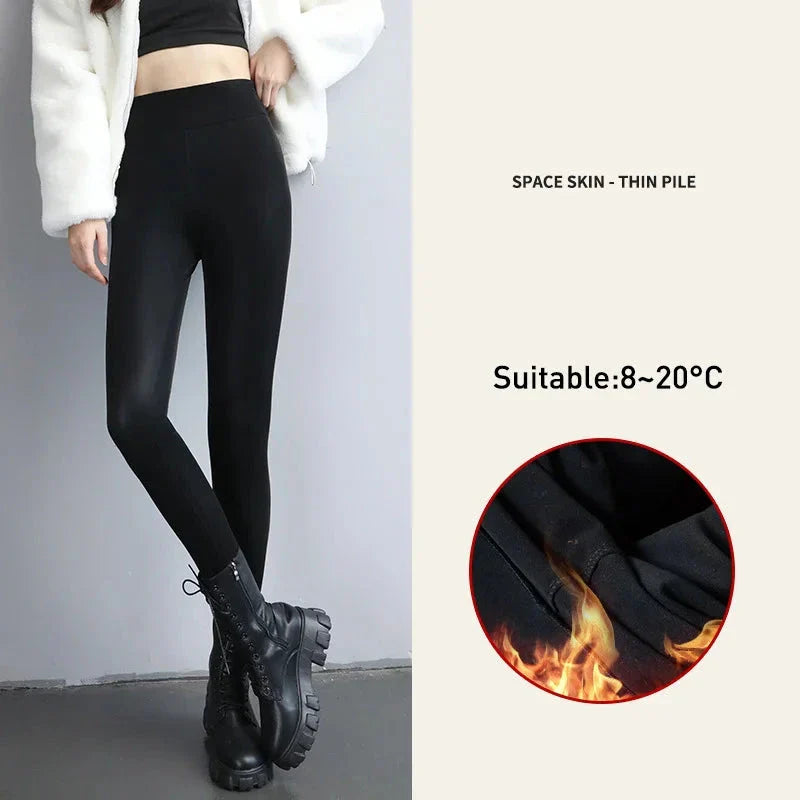 xsrrr Autumn Winter Black Fleece Matte Leather PU Leggings Women's High Waist Elasticity Lift Buttock Trousers Skinny Legging Pants