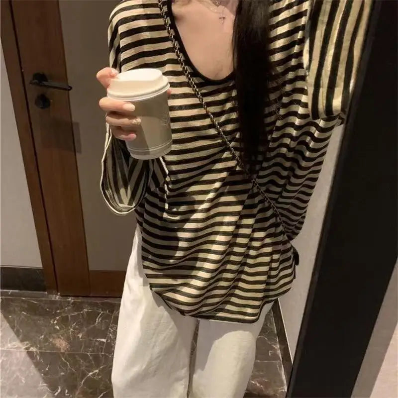 xsrrr FALL OUTFIT Harajuku Y2k Top Black Apricot Striped T-Shirt 2024 Autumn Baggy Casual Long-Sleeved Top Woman Clothes Grunge Korean Fashion