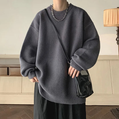 Winter Sweater Men Warm Fashion Solid Knitted Pullover Men Oversized Korean Loose Round Neck Sweater Mens Jumper Clothes M-2XL