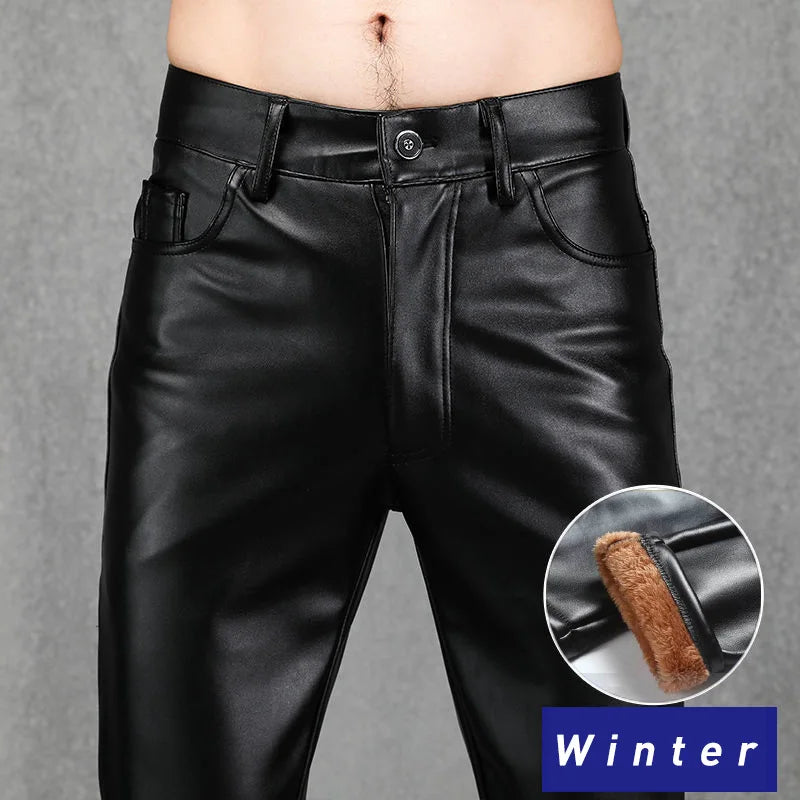 Men Leather Pants Slim PU Leather Trousers Fashion Elastic Motorcycle Leather Pants Waterproof Oil-Proof Male Bottoms Oversized