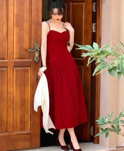 xsrrr NEW YEAR DRESS TO IMPRESS Summer French Vintage Strap Dress Women Red Elegent Korean Party Midi Dress Female Sexy Backless Evening Beach Fairy Dress