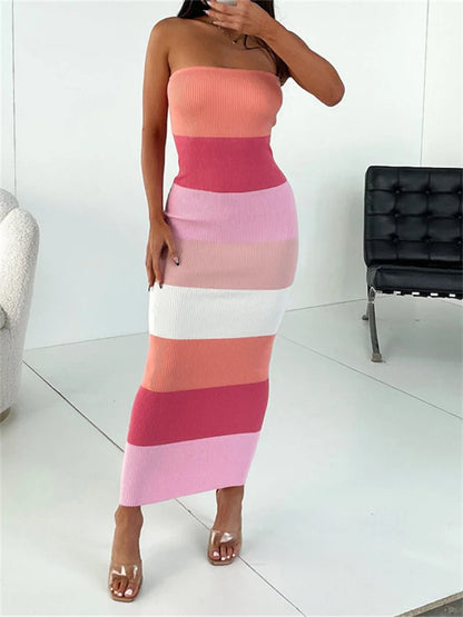 xsrrr Women Summer Strapless Knitted Ribbed Dress Female Sexy Midi Vestidos Sleeveless Off Shoulder Dresses Striped Outfits