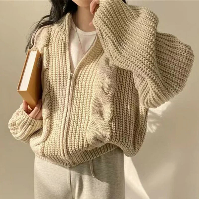 Hnewly FALL OUTFITS Chic Zipper Up Knitted Cardigan Women Autumn Winter Solid Color Twisted Sweater Woman Wild Long Sleeve Jumper Coats Mujer