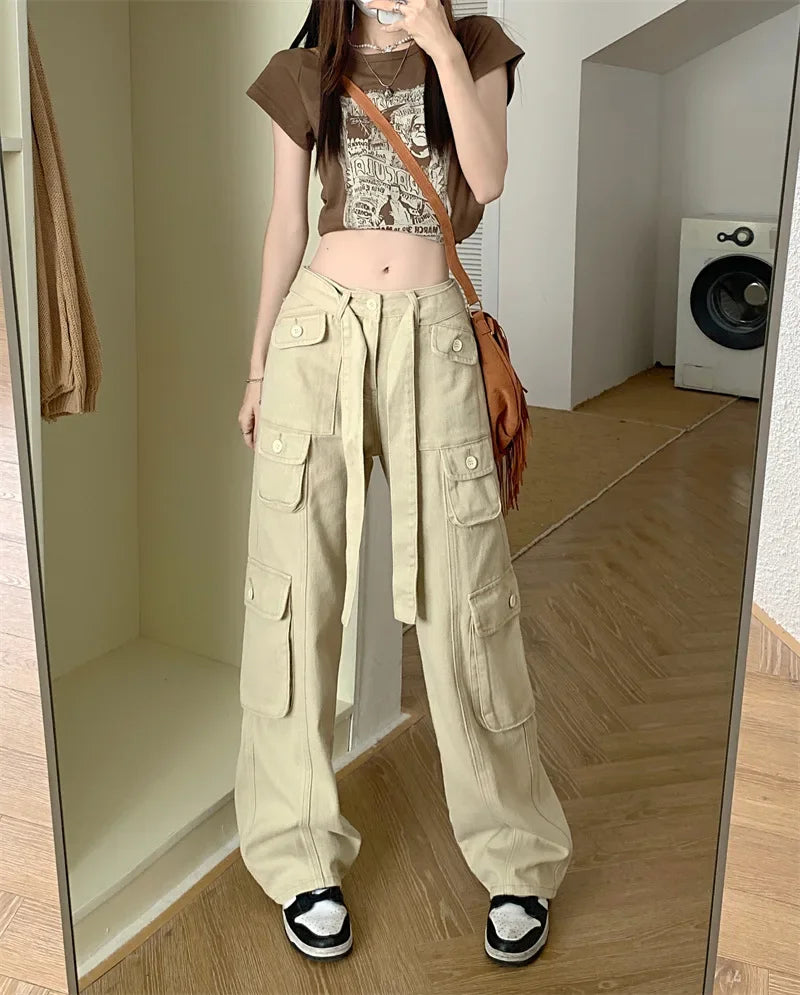 xsrrr American Spice Girls Pink Jeans High Waist Vintage Street Multi Pocket Cargo Pants Women Design Sweet Cool Wide Leg Pants New