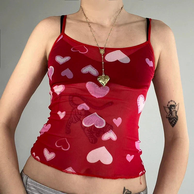 xsrrr Sexy Transparent Camis y2k Cute Heart Print Sleeveless Strap Cropped Top Women Clubwear See Through Tees Summer Harajuku