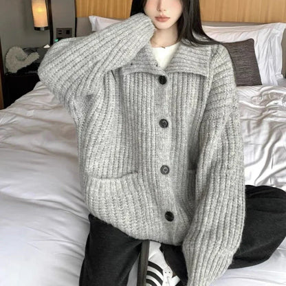 Hnewly Loose Lazy Sweater Women Twist Fashion Knit Autumn Winter Warm Cardigan Harajuku Stand Collar Gray Vintage Female Jumpers