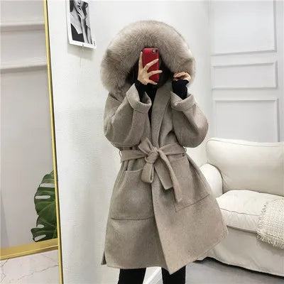 xsrrr New woolen Coat Oversize Ladies Outerwear Winter Women Natural Fox Fur Collar Cuffs Jacket Hood Cashmere Wool