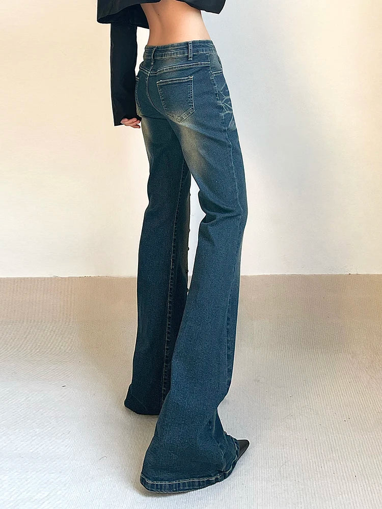 xsrrr Vintage Low Waist Flare Jeans Women Y2K Chic Rivet Slim Pencil Jean Pants Streetwear Fashion Retro Denim Trouser Korean