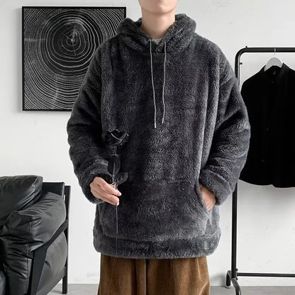 Oversize Hooded Sweatshirt Lamb Long Sleeve Men's Sweatshirt Korean Winter Fashion Fleece Hoodies Streetwear Harajuku Pullover