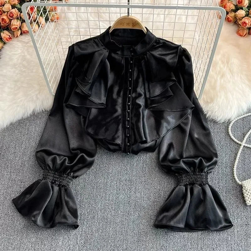 xsrrr Vintage Solid Blouses Women Elegant Acetate Satin Stand Collar Flare Sleeve Design New Chic Sweet Loose Ruffles Female Mujer