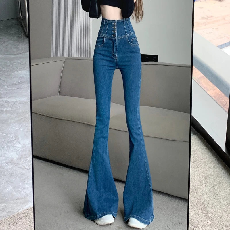 xsrrr Single Breasted High Waist Flare Jeans For Women Spring Autumn High Street Slim Boot Cut Denim Pants Ladies Fishtail Jeans