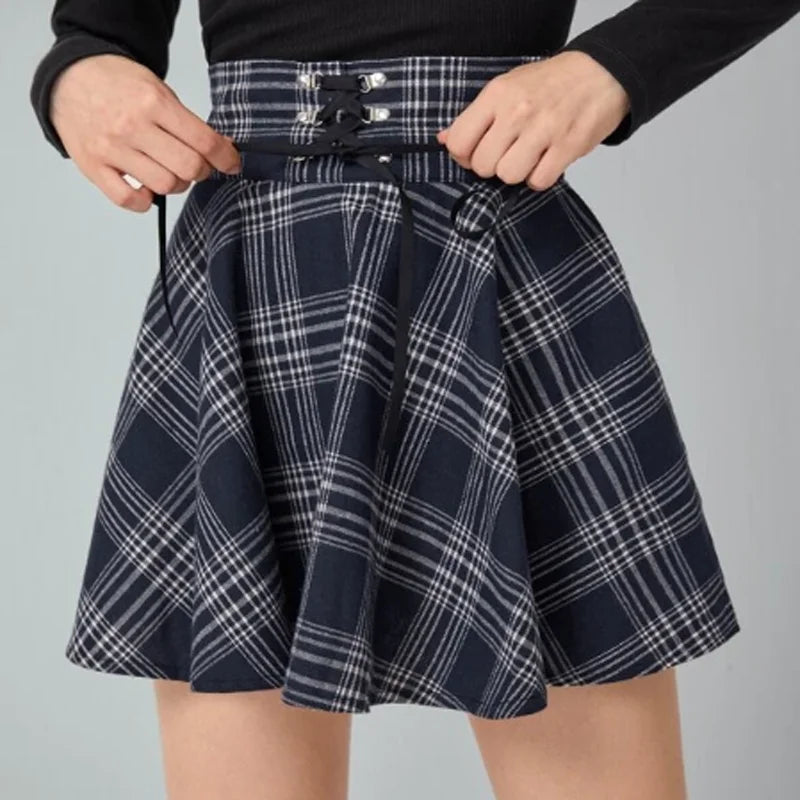 xsrrr Vintage Y2K Punk Sexy High Waist Mini Skirts Purple Plaid Bandage Harajuku Aesthetic Skirt Goth Grunge Cake Skirt Streetwear