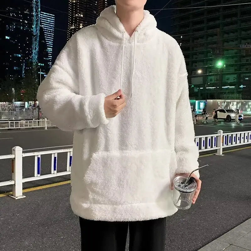 Oversize Hooded Sweatshirt Lamb Long Sleeve Men's Sweatshirt Korean Winter Fashion Fleece Hoodies Streetwear Harajuku Pullover