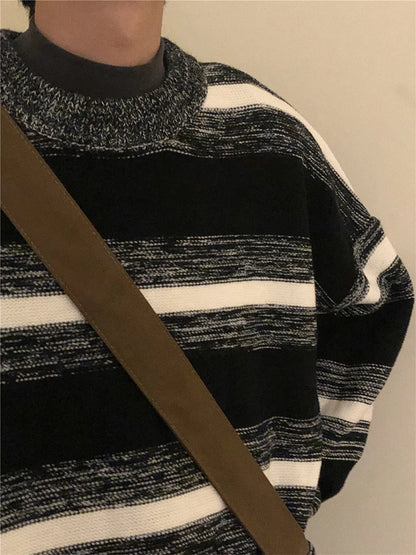 Vintage Striped Men's Knitted Sweater Pullovers Black Distressed Sweaters Male Oversize Japanese Streetwear Hip Hop