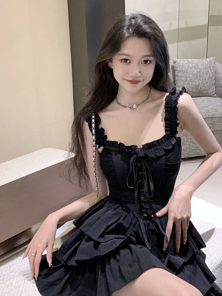 xsrrr Sexy Slip Lolita Style Black Dress Women Vintage Sleeveless Y2K Mini Dress Summer Slim Sweet Korean Lace Up Cake Dress New