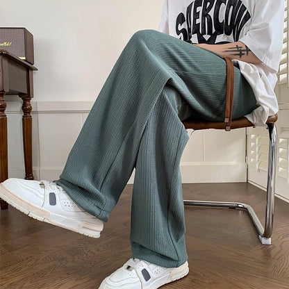 Summer Pleated Pants Men Fashion Oversized Ice Silk Pants Men Streetwear Loose Straight Pants Mens Baggy Trousers M-3XL