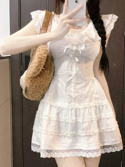 xsrrr Y2k Coquette White Lolita Sweet White Kwaii Cute Mini Dress Women Lace Bow Princess Slip Lace Short Dresses 2024 Fashion