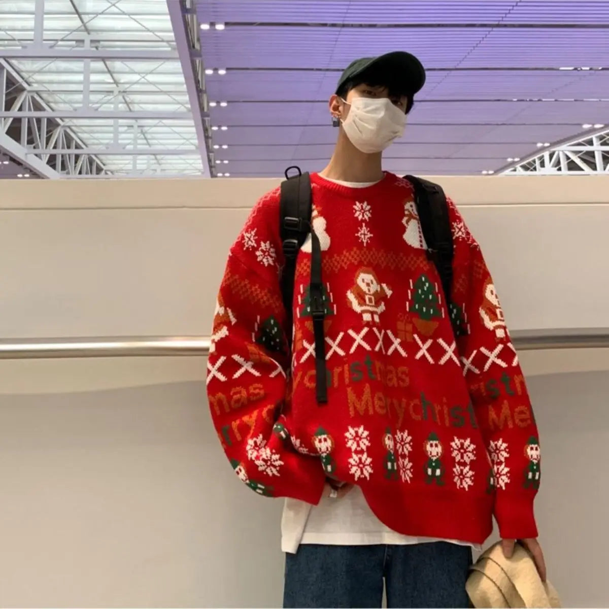 Winter  Hip Hop New Line Loose Oversize Fashion Male and Female Lovers Same Red Korean Outwear Sweater