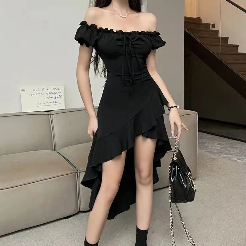 xsrrr Summer Black A-LINE Dress Women Streetwear Sexy Off Shoulder Short Sleeves Ruffled Mid Length Dresses Club Elegant Partywear