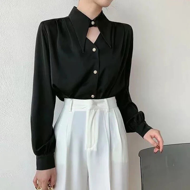 xsrrr 2024 Chic Trend lantern Long Sleeve Shirt Summer New French Hollow Satin Office Lady's V-Neck Elegant Blouses Solid Vintage Top